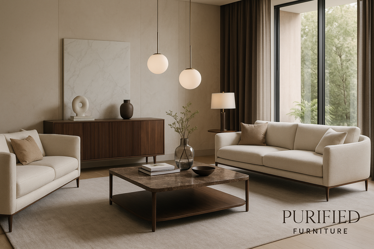 Allestimento soggiorno moderno con spazzi, molto bella, con sofas, credenza, moderni e tanti attri desegni che pensi per farlo piu bella. logo "Purified Furniture" place the logo where you think is best. make sure is luxury furnish living room