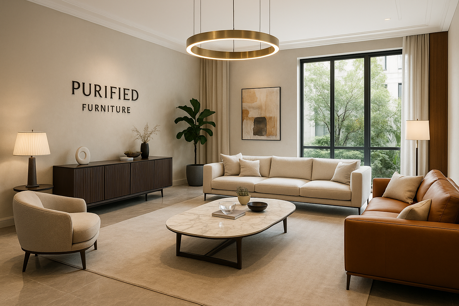 Allestimento soggiorno moderno con spazzi, molto bella, con sofas, credenza, moderni e tanti attri desegni che pensi per farlo piu bella. logo "Purified Furniture" place the logo where you think is best. make sure is luxury furnish living room