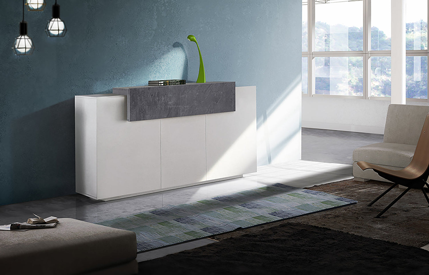 Credenza CORO 160 cm 3 ante battenti + 1 anta a ribalta -Bianco laccato lucido / Cemento.