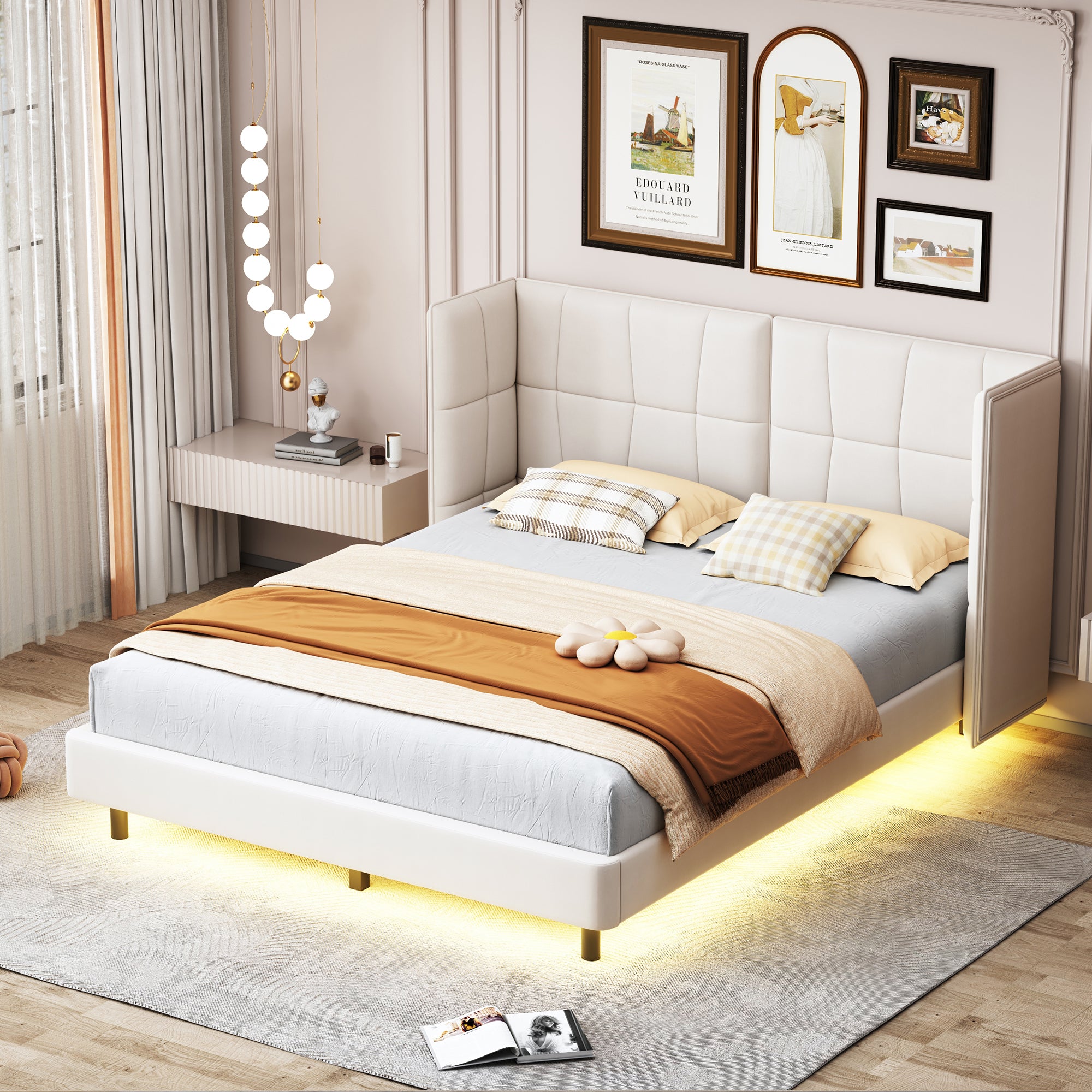 Letto Matrimoniale Imbottito con Luci LED e Testiera a U - Tessuto Lino Beige
