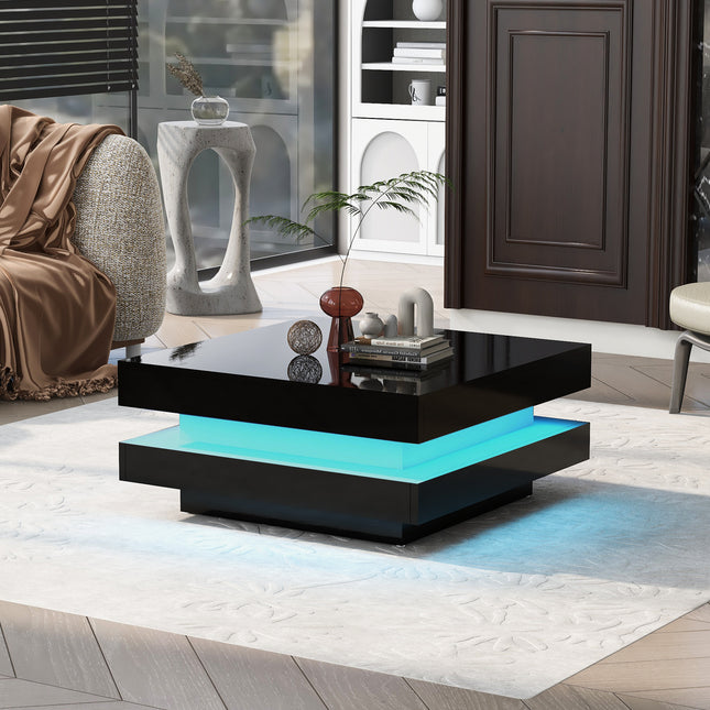 ON-TREND High Gloss Minimalist Design 2-Tier Square Coffee Table with LED Lights – Black LED