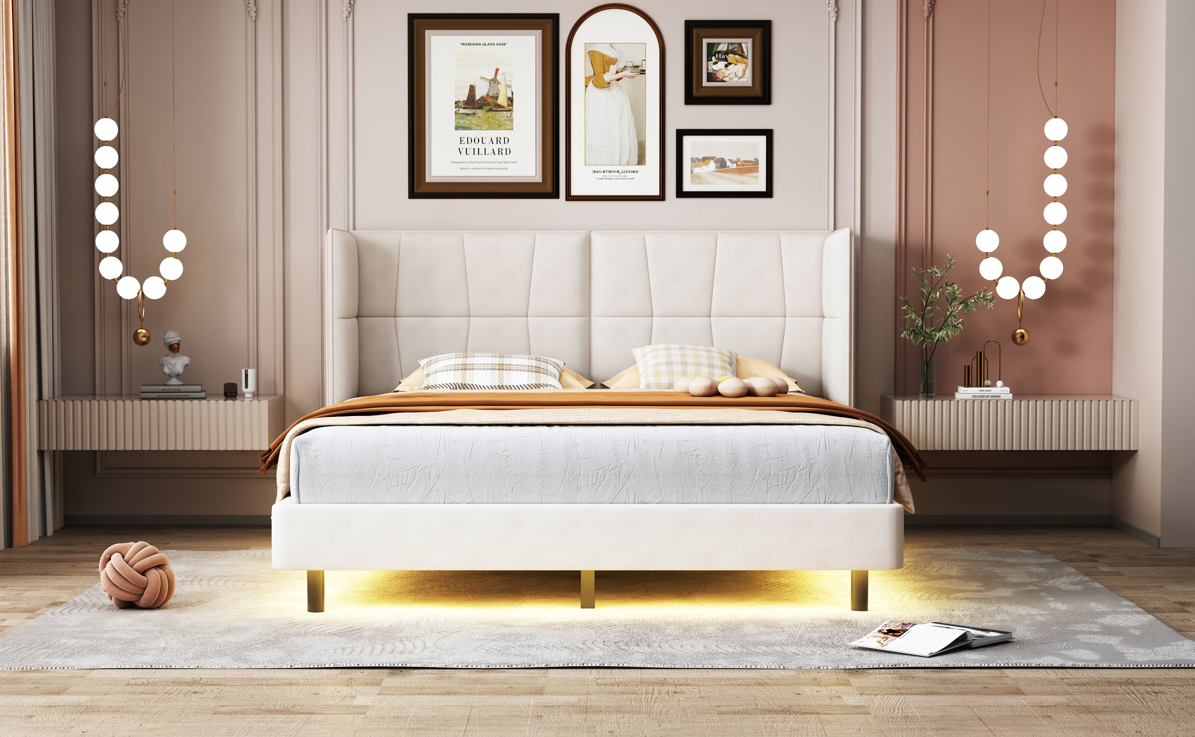 Letto Matrimoniale Imbottito con Luci LED e Testiera a U - Tessuto Lino Beige