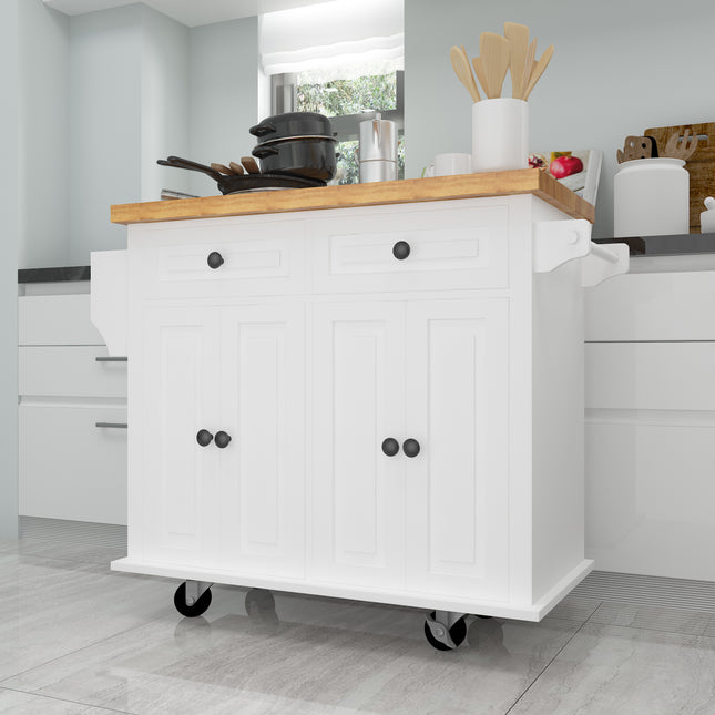 Kitchen Island Cart with Two Storage Cabinets and Two Locking Wheels 43.31 Inch Width 4 Door Cabinet and Two Drawers Spice Rack
