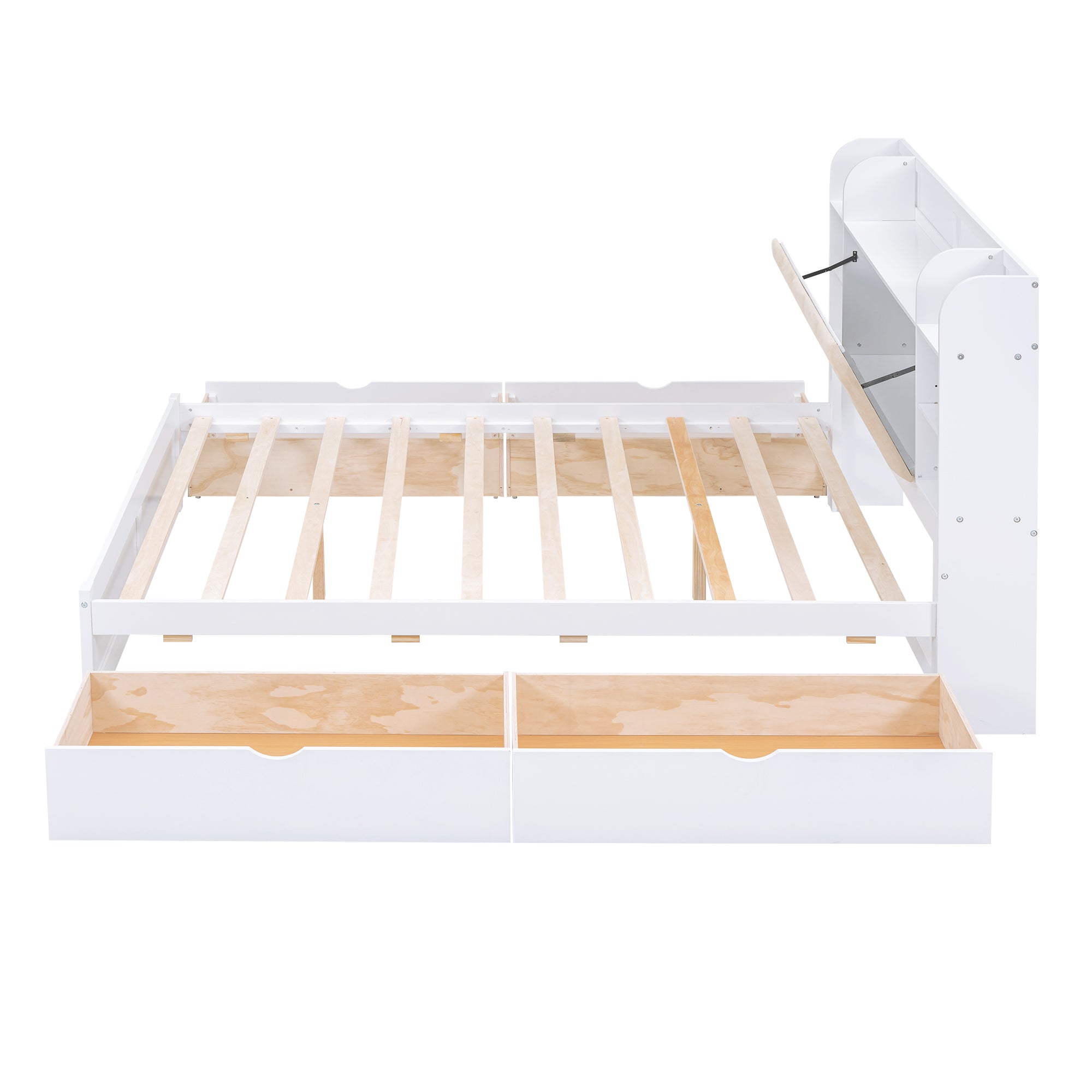 Letto Matrimoniale in Legno con Testiera Contenitore, Ripiani e 4 Cassetti - Bianco