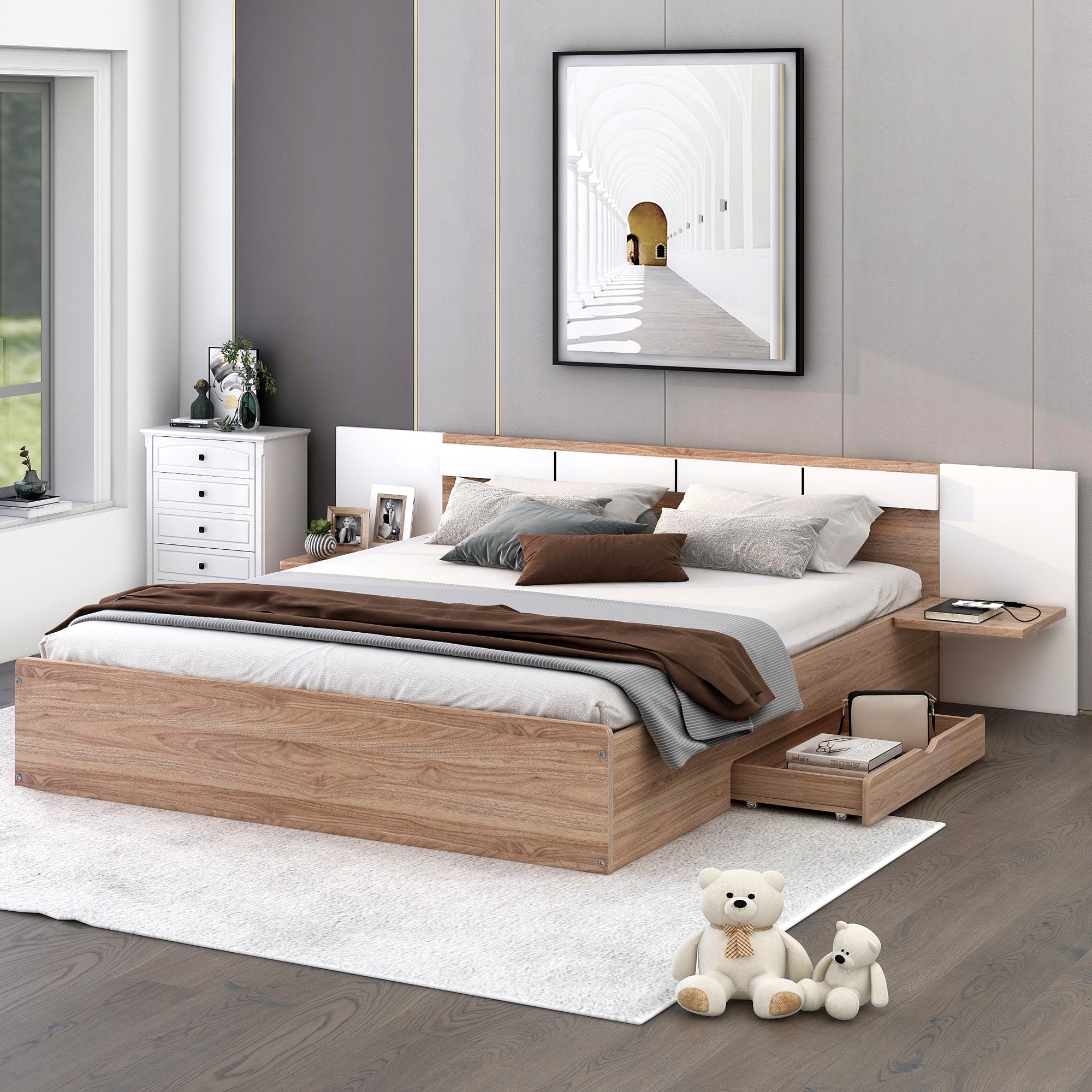 Letto Matrimoniale in Legno con Cassetti, Ripiani, Porte USB e Prese - Naturale