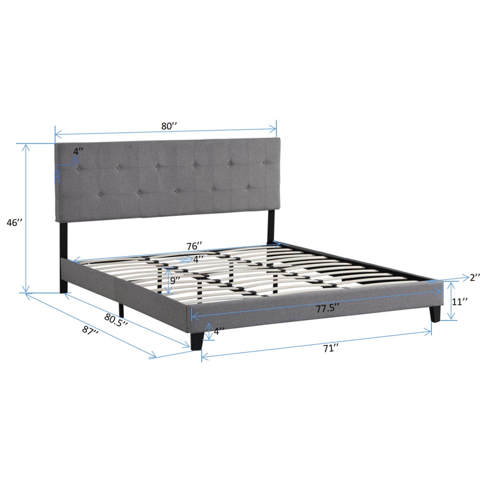 Letto King Size con Testiera Imbottita Grigia Elegante