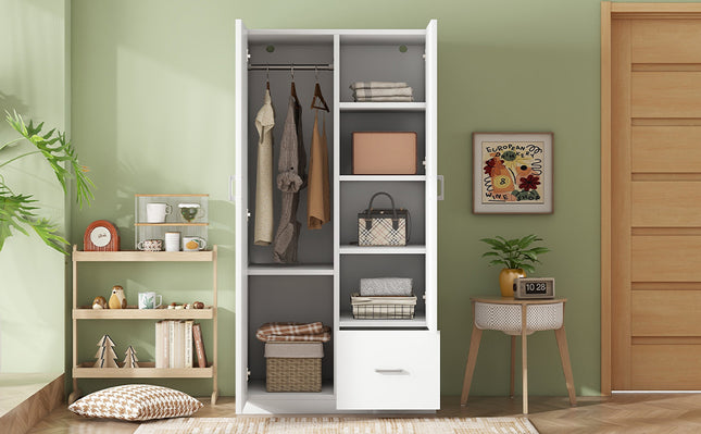 Wooden Wardrobe with Double Doors, Armoire with Hanging Rod, 5 Fixed Shelves, One Storage Drawer, White