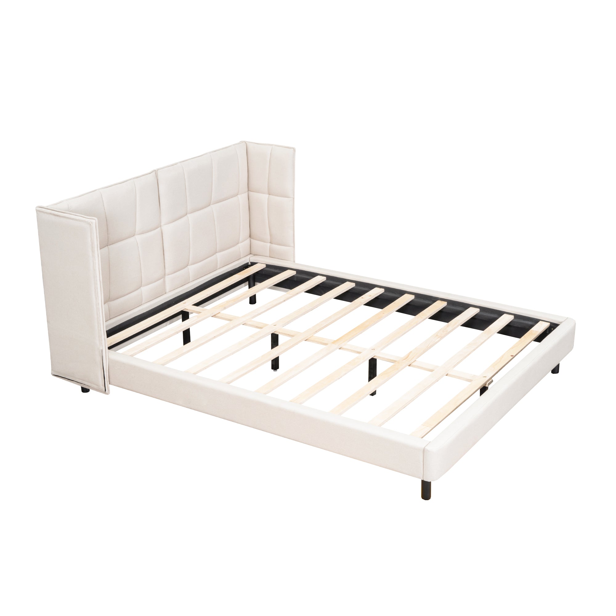 Letto Matrimoniale Imbottito con Luci LED e Testiera a U - Tessuto Lino Beige