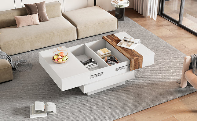 ON-TRANS 31.4 Inches x 31.4 Inches High Gloss Center Table with Sliding Top and Hidden Storage Room – White