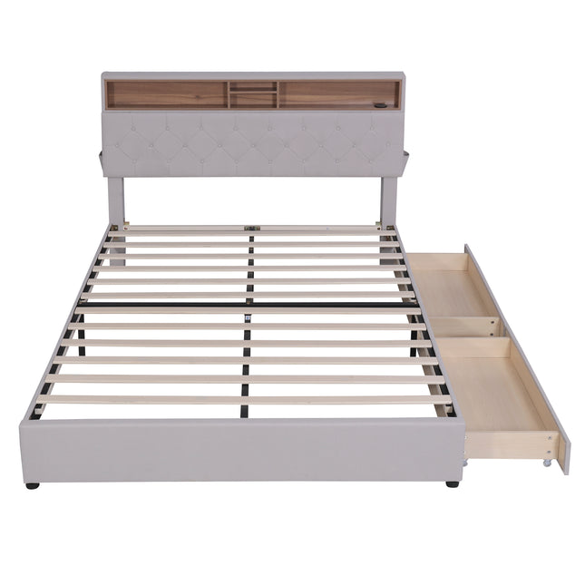 Queen Size Upholstered Platform Bed with Storage Headboard LED USB Charging and 2 Drawers Beige