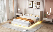 Letto Matrimoniale Imbottito con Luci LED e Testiera a U - Tessuto Lino Beige
