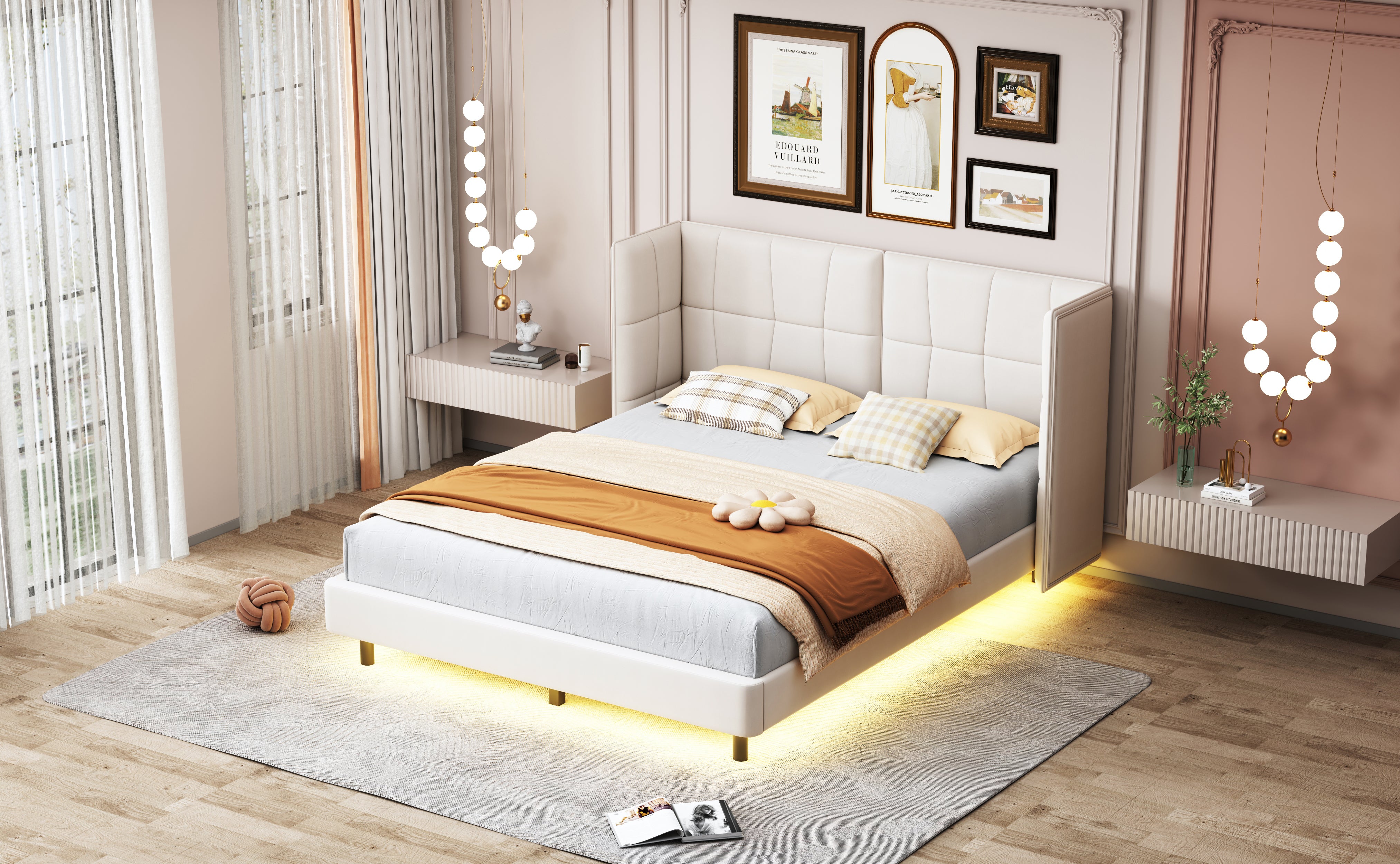 Letto Matrimoniale Imbottito con Luci LED e Testiera a U - Tessuto Lino Beige
