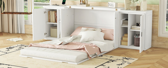 Full Size Murphy Bed with Shelves, Cabinets, and USB Ports – White
