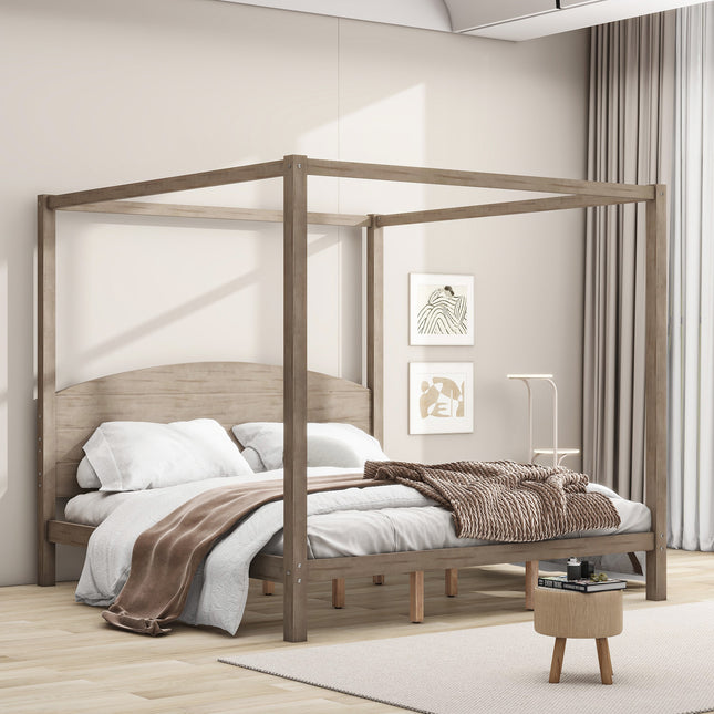 King Size Canopy Platform Bed with Headboard and Support Legs – Brown Wash Finish Default Title