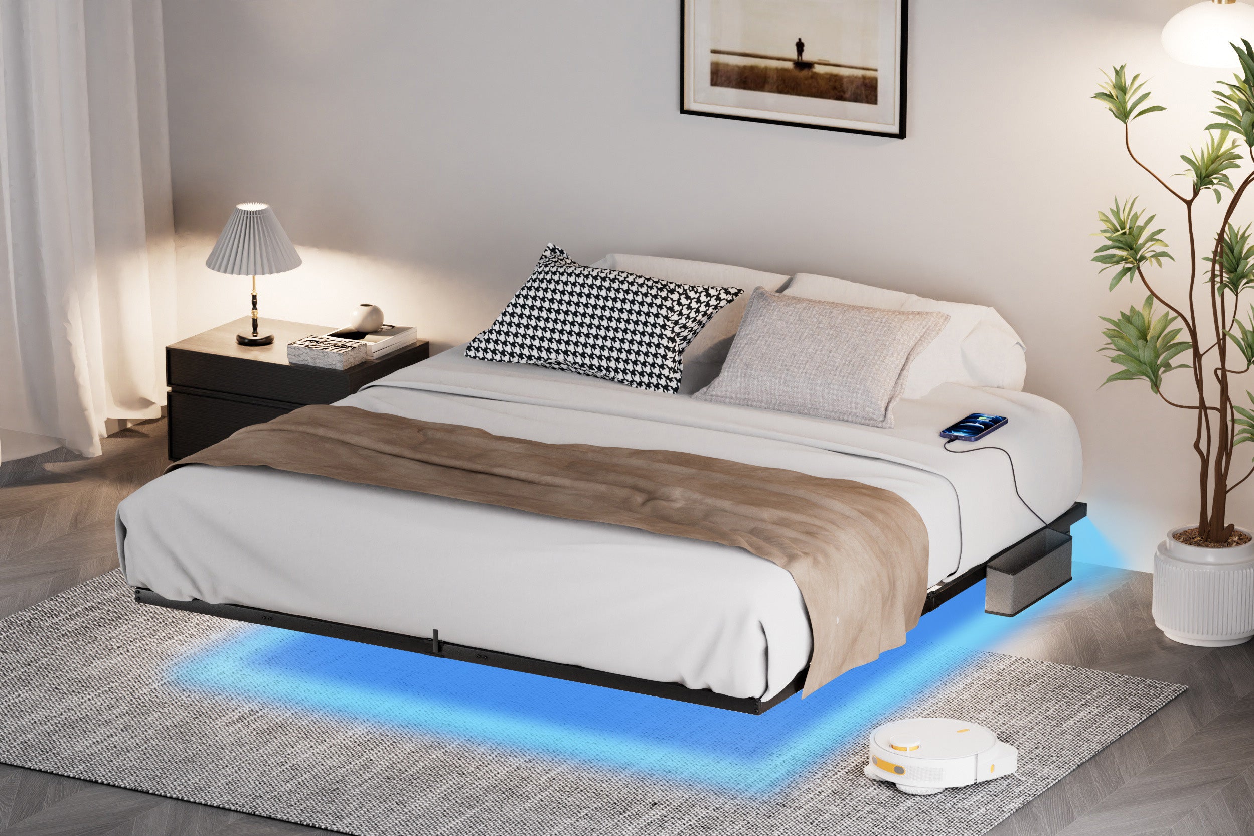 Letto King Size Sospeso LED e Ricarica