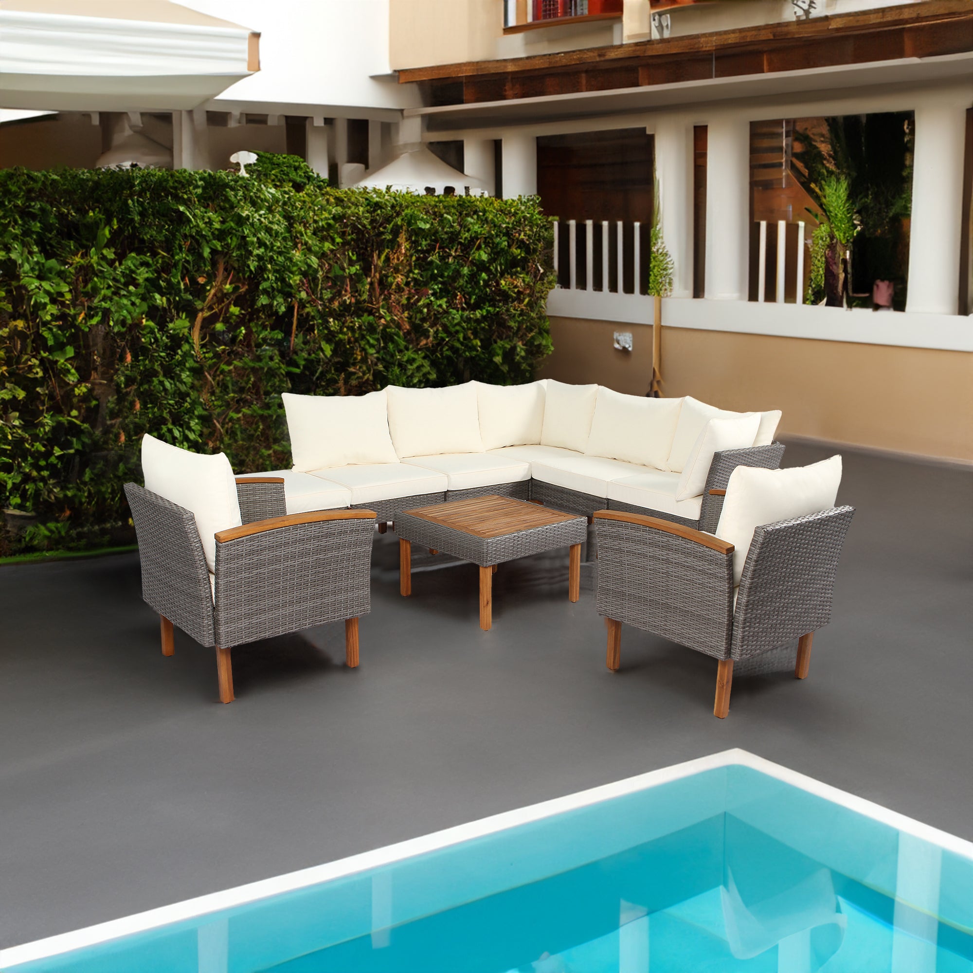 Set Patio Rattan 9 Pezzi Beige Acacia