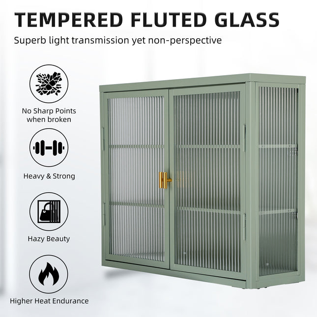 Retro Style Haze Double Glass Door Wall Cabinet With Detachable Shelves for Office Dining Room Living Room Kitchen