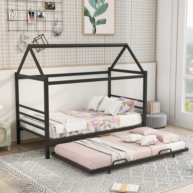 Twin Size Metal House Shape Platform Bed with Trundle Black Default Title