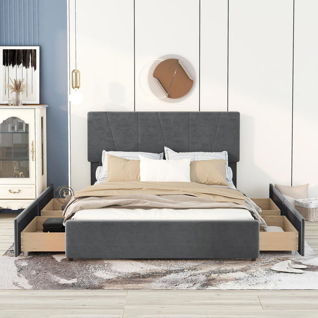 Queen Size Upholstered Platform Bed with Four Drawers on Two Sides and Adjustable Headboard – Grey Queen Size Bed, Upholstered Platform Bed, Storage
