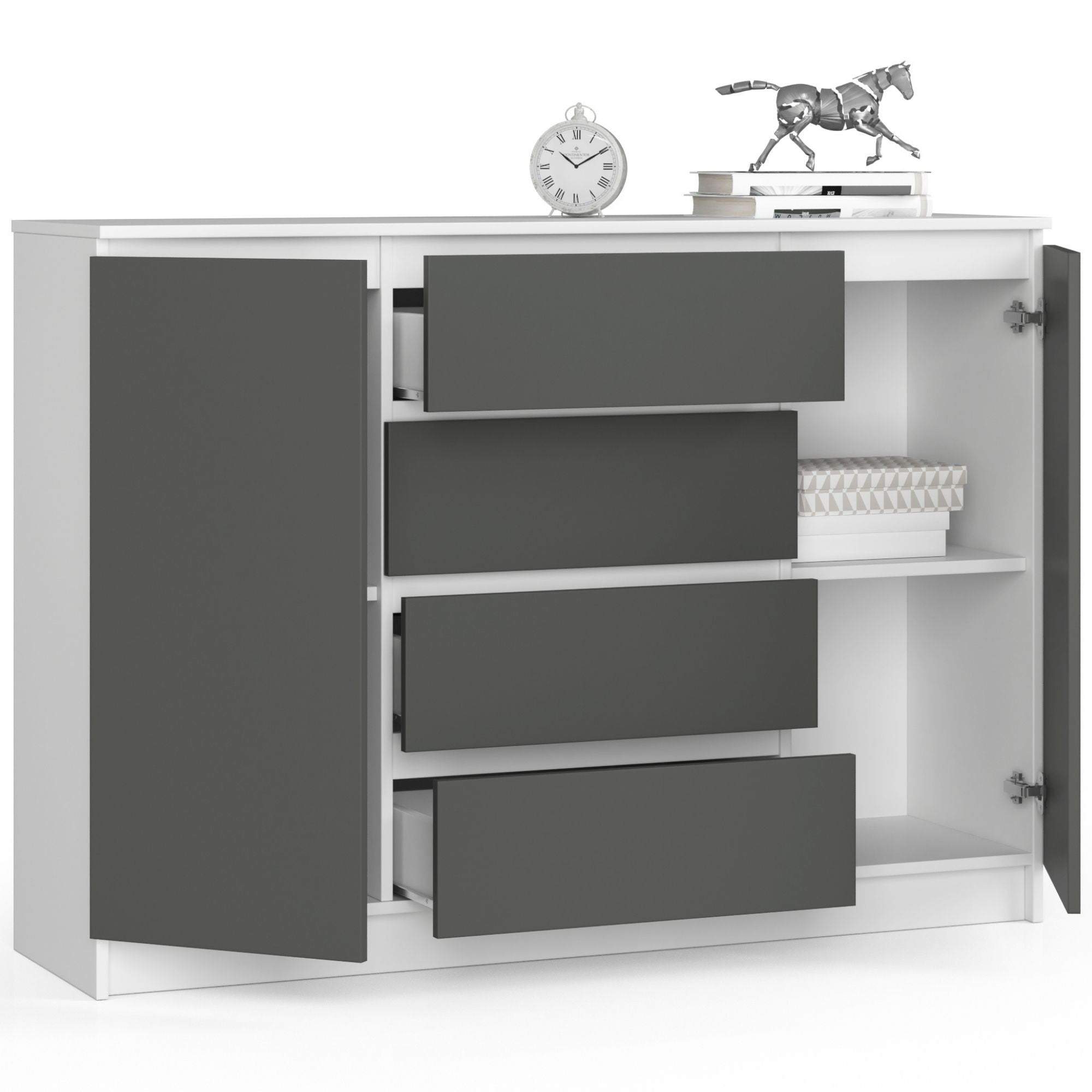 Cassettiera Linea 138 cm 2 Ante 4 Cassetti – Bianco/Grigio