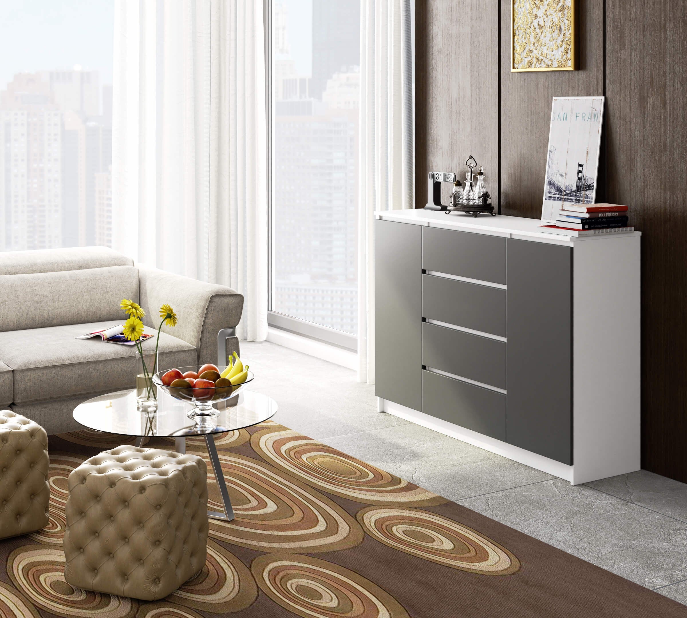Cassettiera Linea 4 Cassetti 2 Ante – Bianco/Grigio 160x40x99 cm
