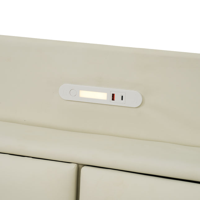 Large Floating Bed Frame with Storage Headboard – Touch Sensor Night Light and USB Charger, Padded Platform Bed, Beige