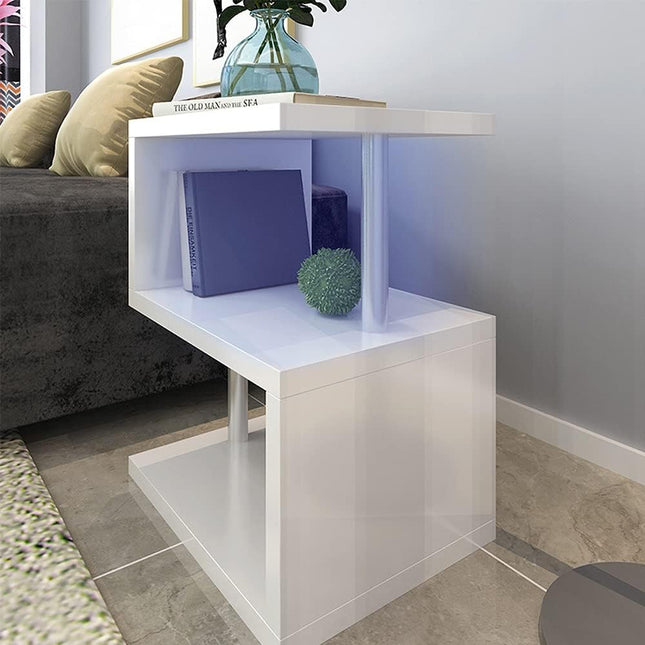 3-Layer S-Shaped Coffee Table – High Gloss Side Table with Open Storage Rack and USB Power Supply, White LED Coffee Table