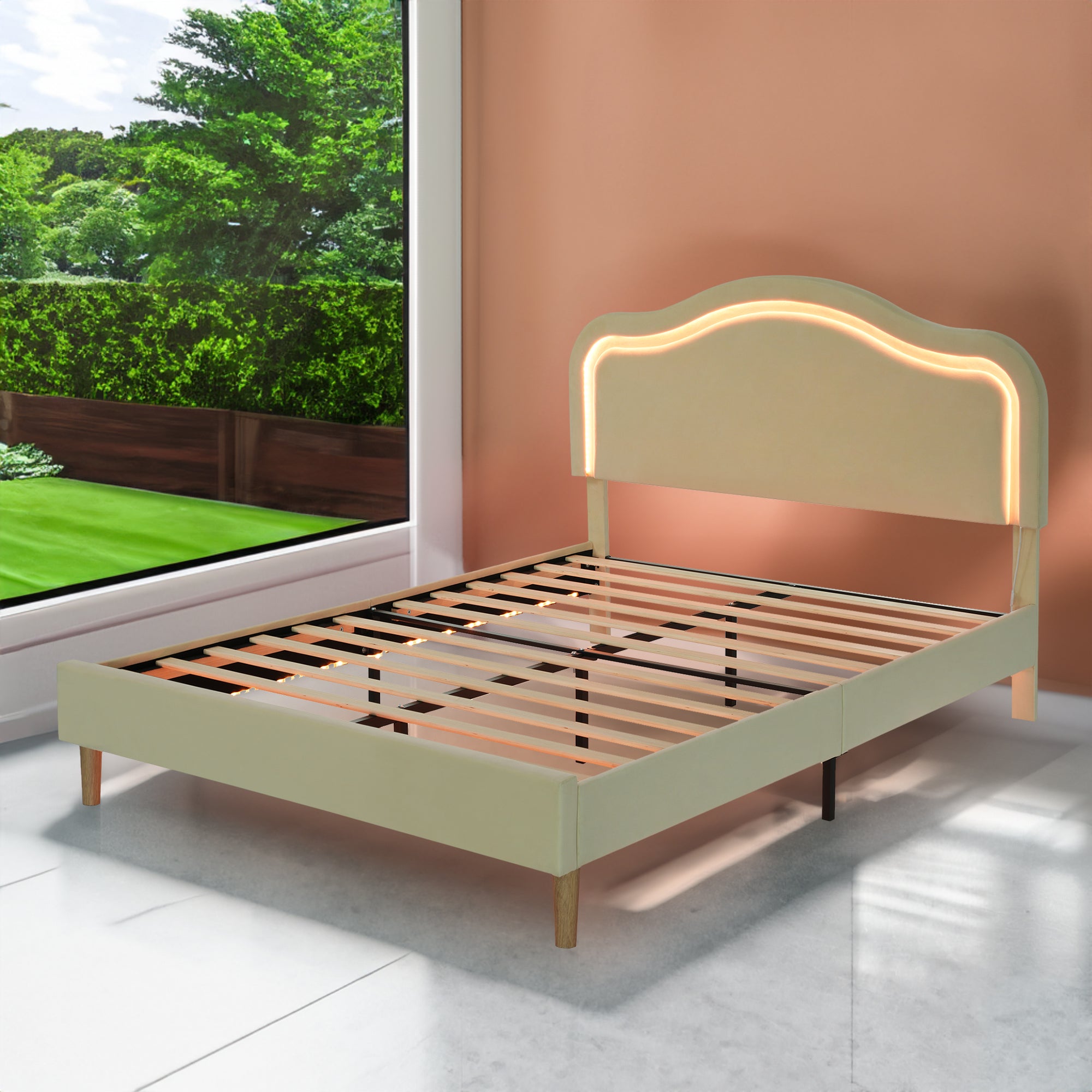 Letto Full Size Velluto Beige con LED