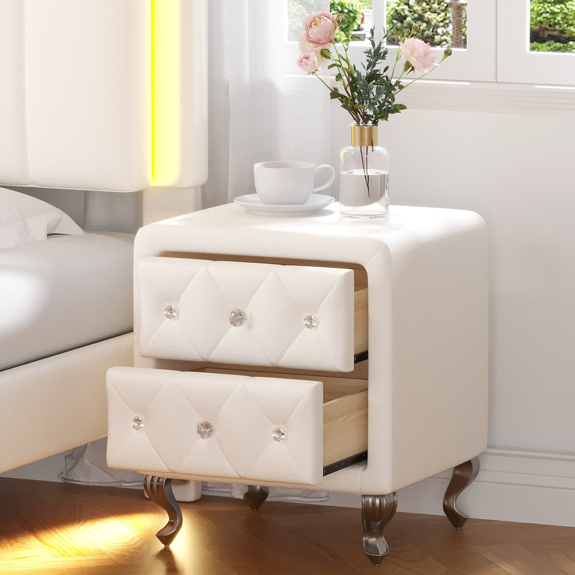 Comodino Bianco Ecopelle Gambe Metallo