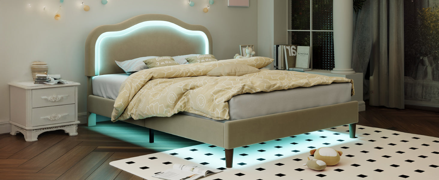 Letto Full Size Velluto Beige con LED