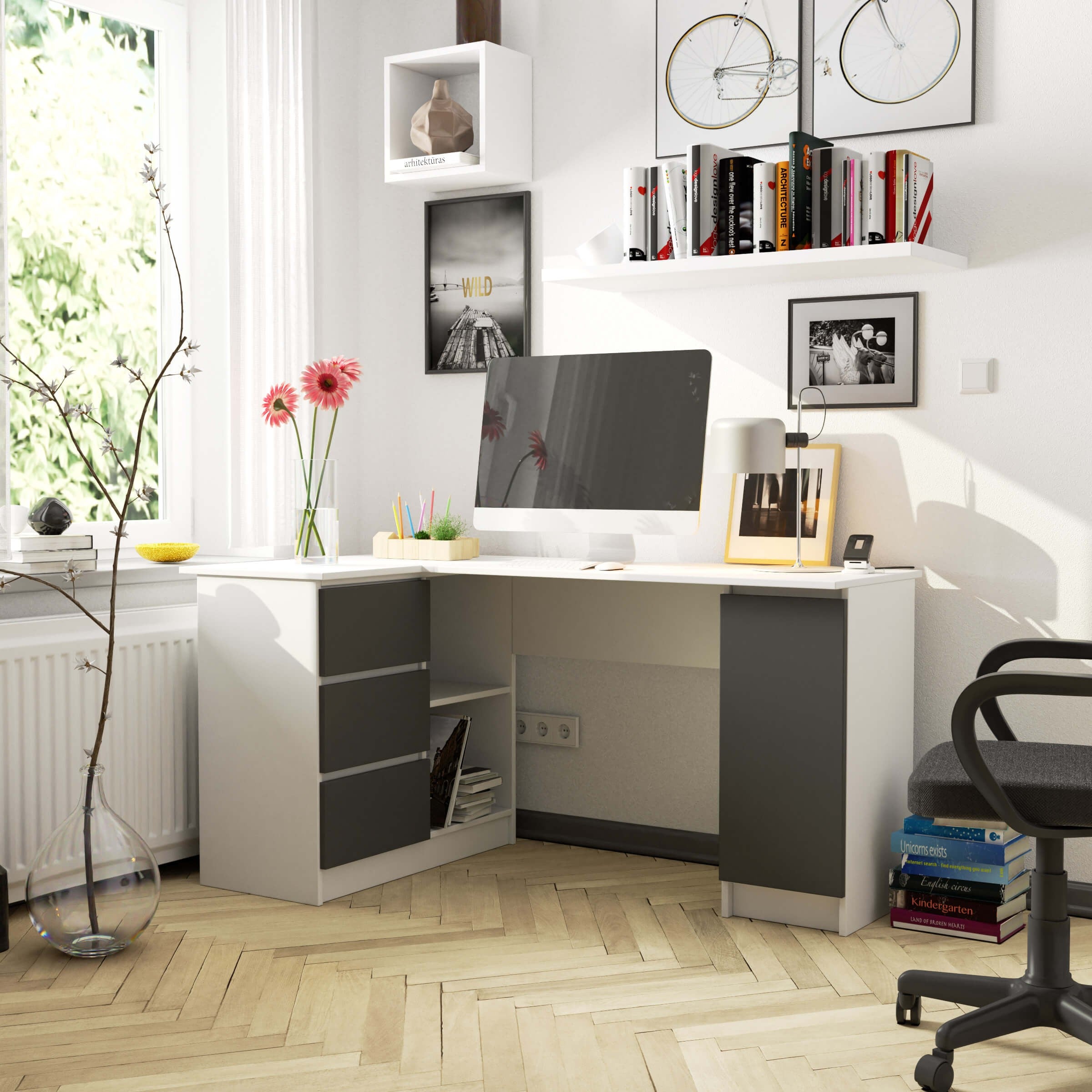 Scrivania Angolare Linea – Bianco/Grafite 155x85x77 cm