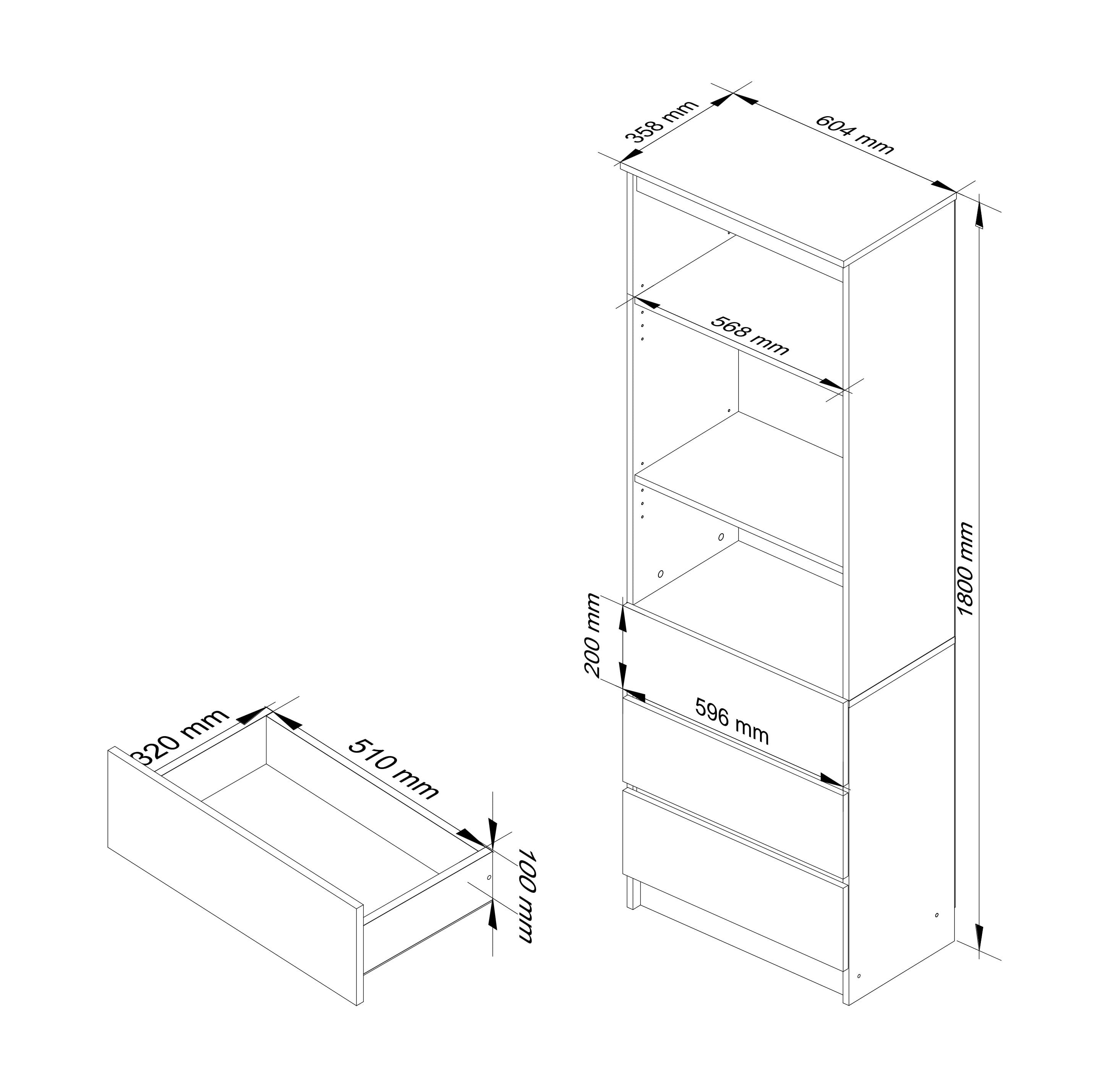 Libreria 60 cm 3 Cassetti 2 Ripiani – Bianco/Grigio
