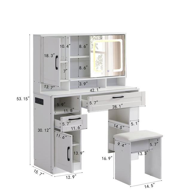 Vanity table with large sliding lighted mirror dressing table with 2 drawers storage shelves and upholstered stool white color