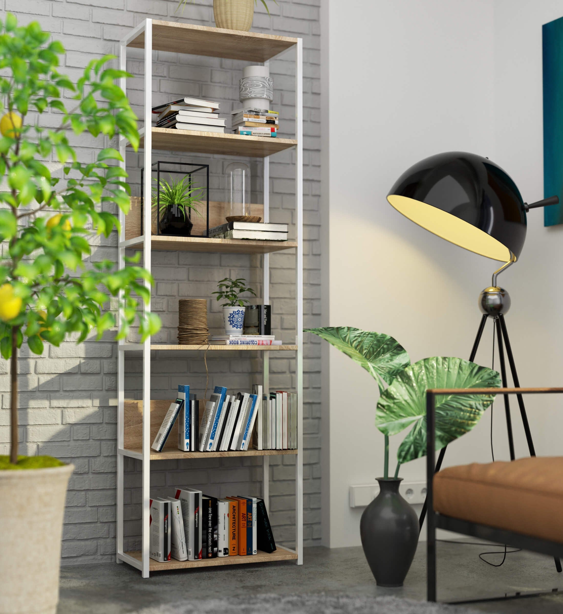 Scaffale Loft 60 cm 6 Ripiani – Bianco/Rovere