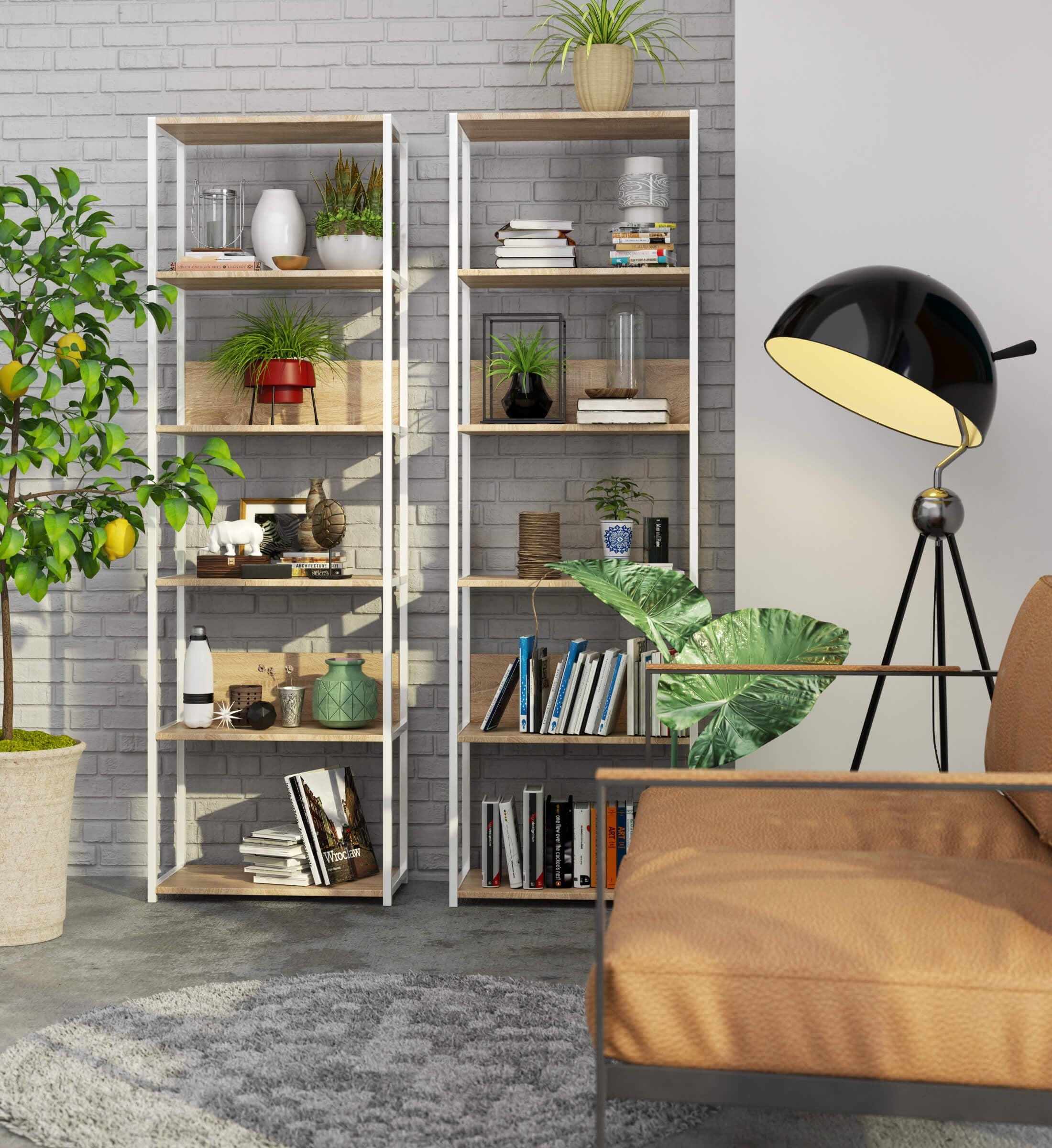 Scaffale Loft 60 cm 6 Ripiani – Bianco/Rovere