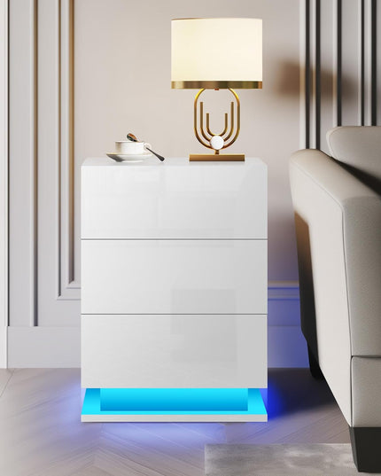 LED Nightstand with 3 drawers, White bedside Table ,Modern End Side Table for Bedroom