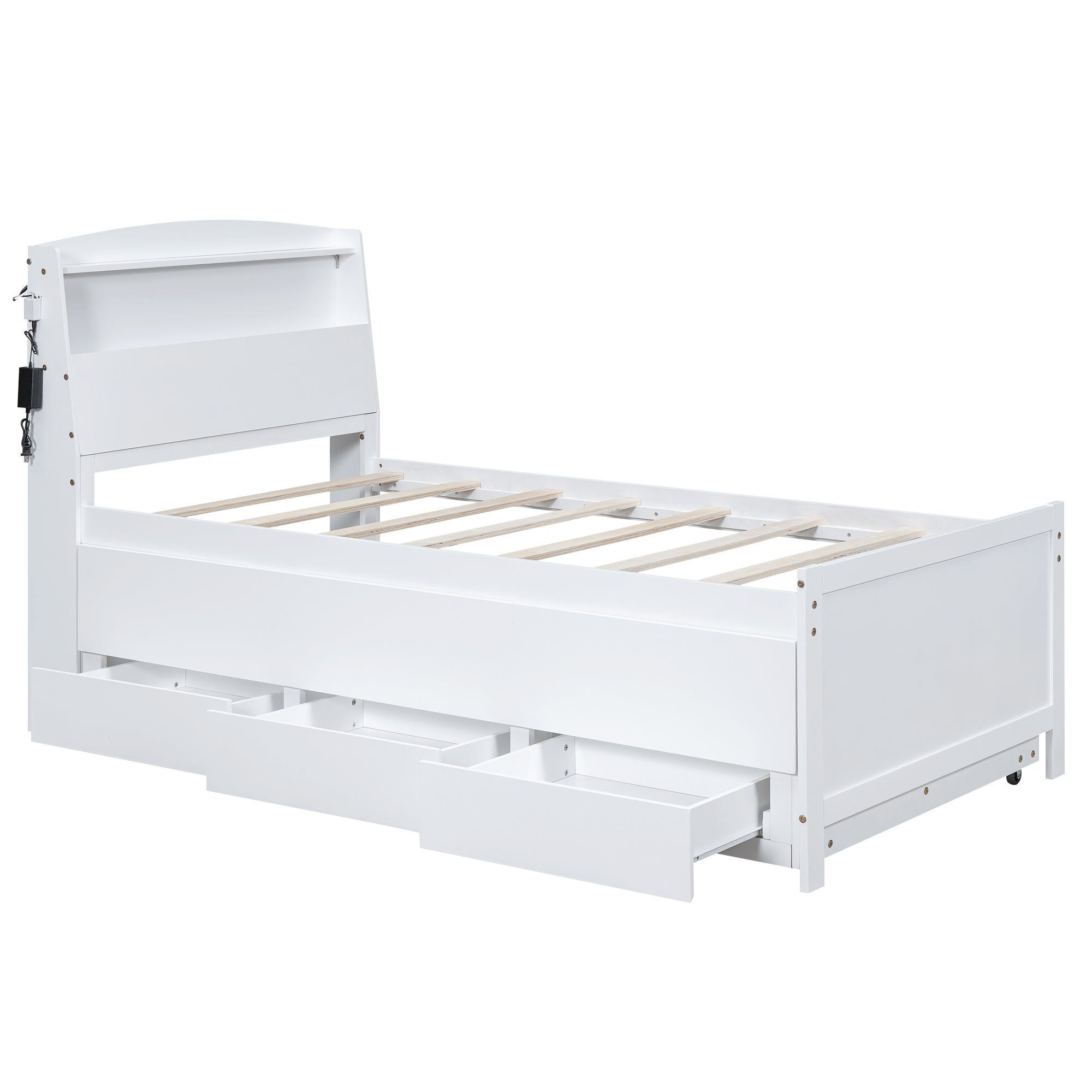 Letto Singolo Piattaforma LED Bianco 3 Cassetti