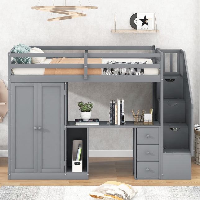 Twin Size Loft Bed with Wardrobe and Staircase Desk and Storage Drawers and Cabinet in 1 Gray