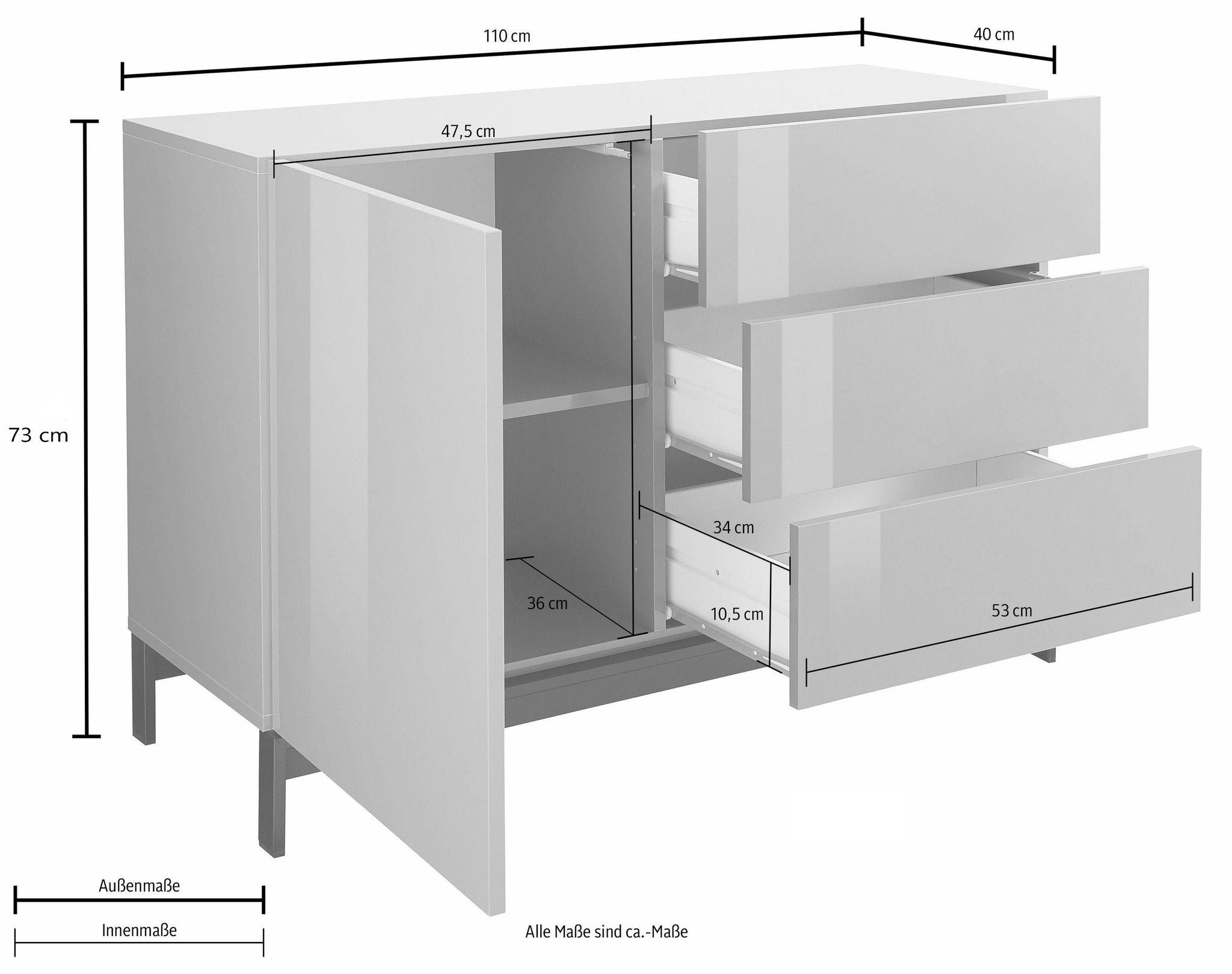 Credenza METIS 110 cm con piedi 1 anta + 3 cassetti.
