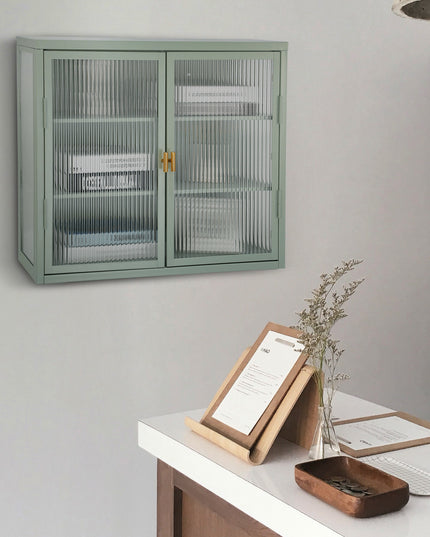Retro Style Haze Double Glass Door Wall Cabinet With Detachable Shelves for Office Dining Room Living Room Kitchen