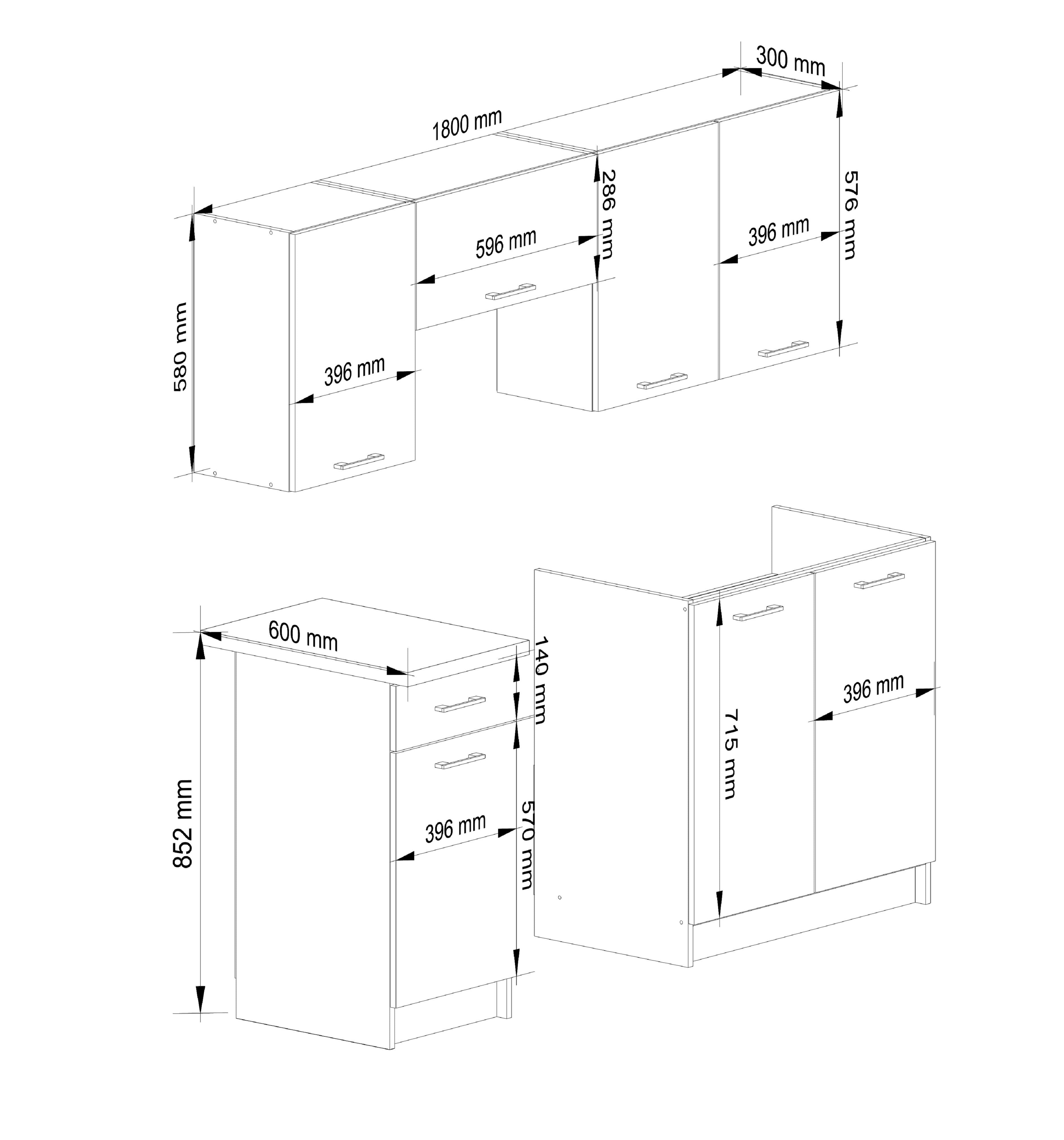 Set Cucina Linea 5 Elementi – Beton/Bianco 180x46x203 cm