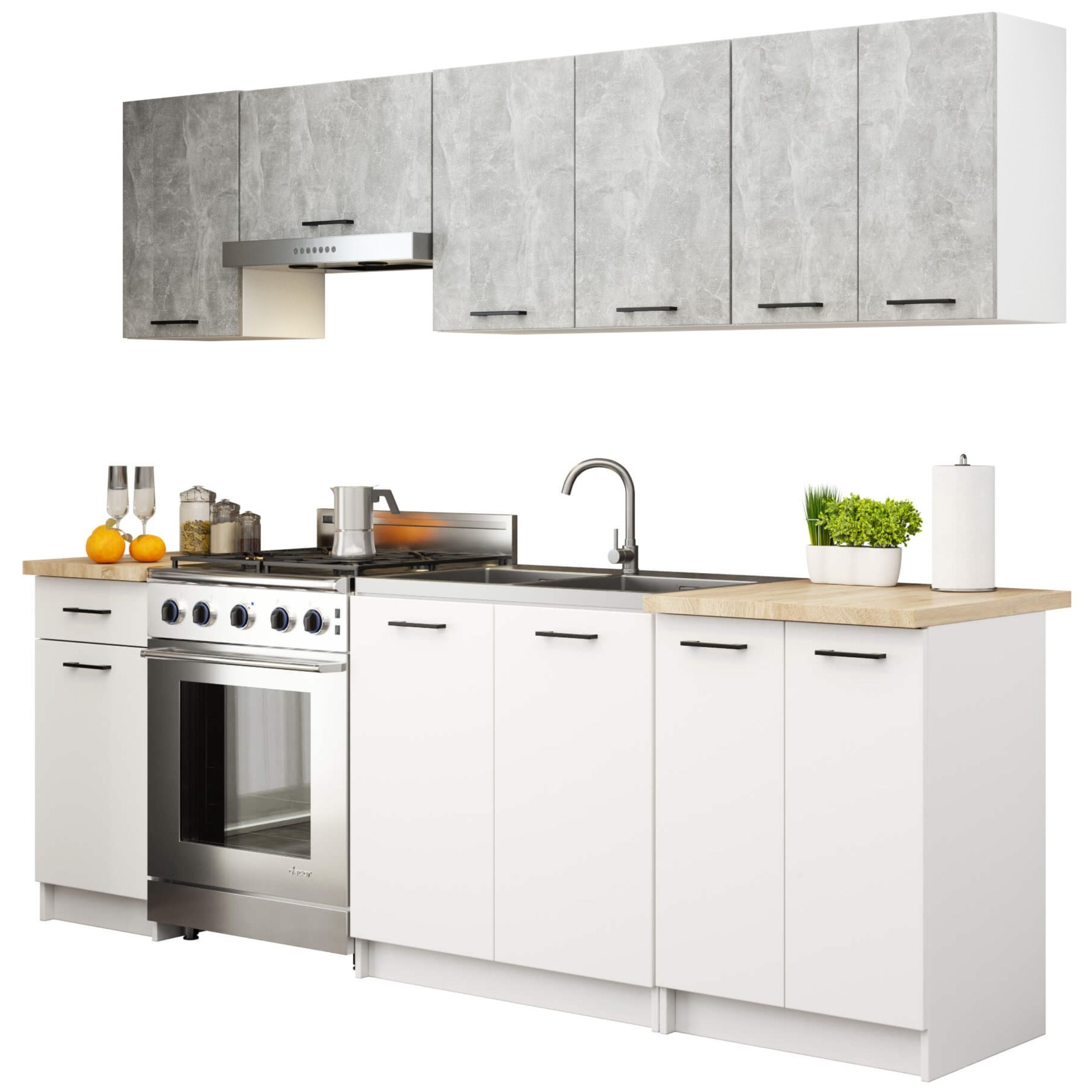 Set Mobili Cucina 240 cm Beton/Bianco 7 Elementi