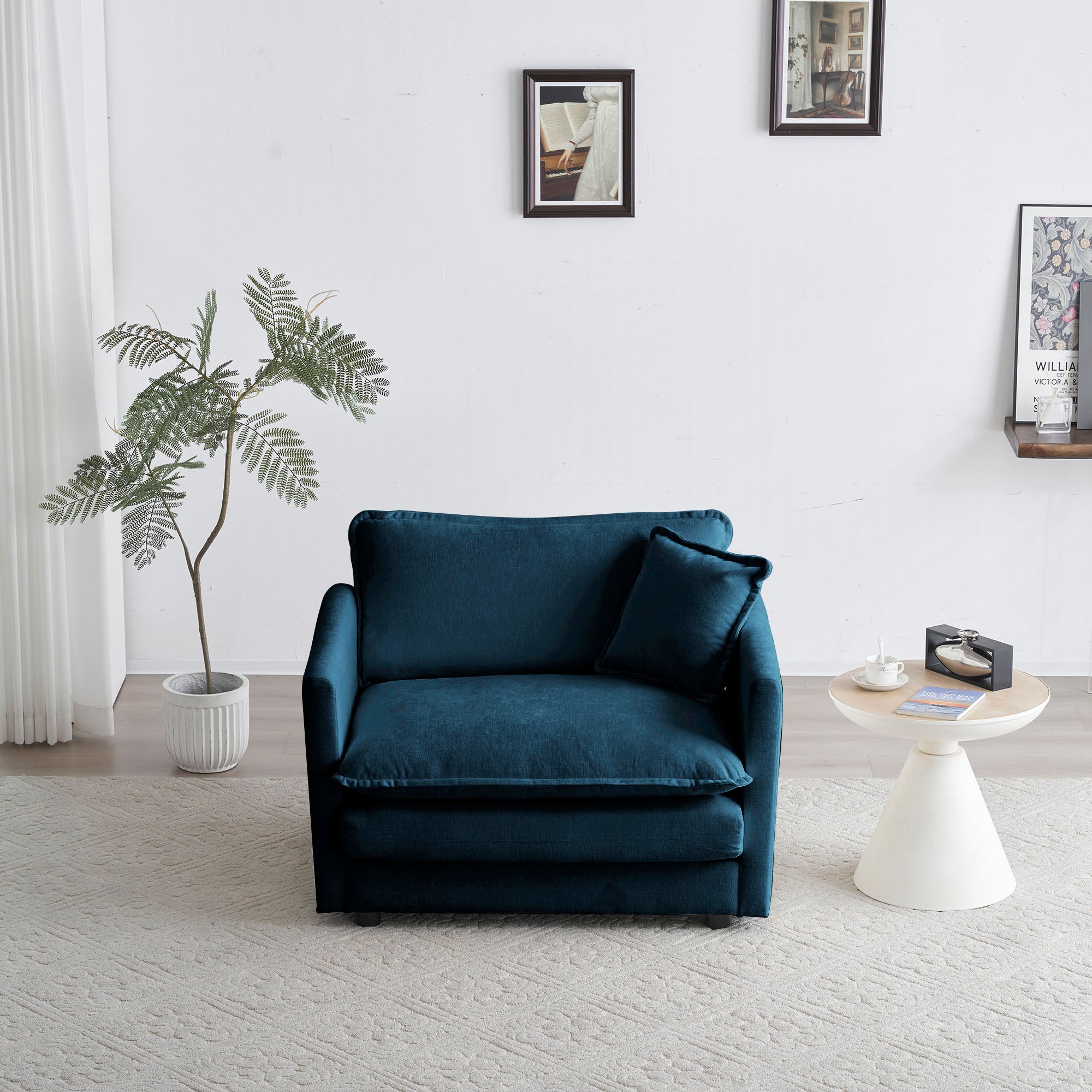 Poltrona Singola Blu in Ciniglia con Pouf per Lettura