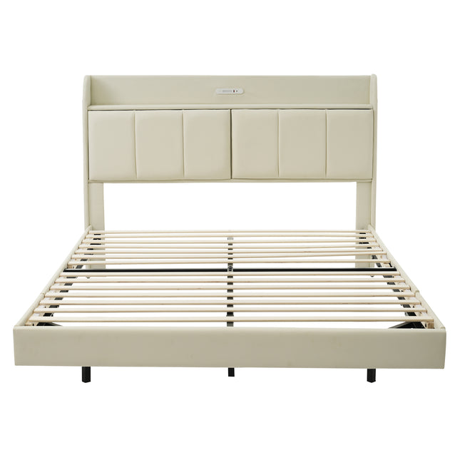 Large Floating Bed Frame with Storage Headboard – Touch Sensor Night Light and USB Charger, Padded Platform Bed, Beige