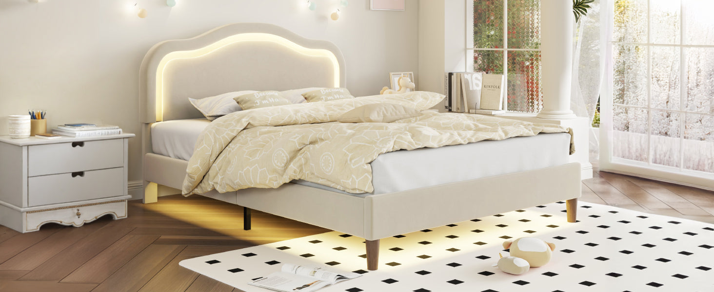 Letto Full Size Velluto Beige con LED
