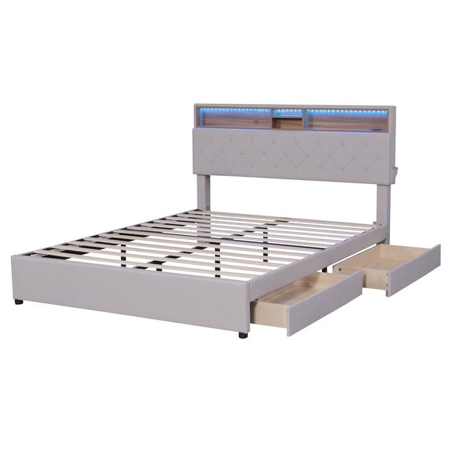 Queen Size Upholstered Platform Bed with Storage Headboard LED USB Charging and 2 Drawers Beige