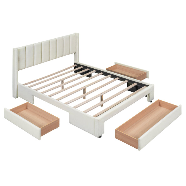 Full Size Upholstered Platform Bed with One Large Drawer in the Footboard and Drawers on Each Side, Beige