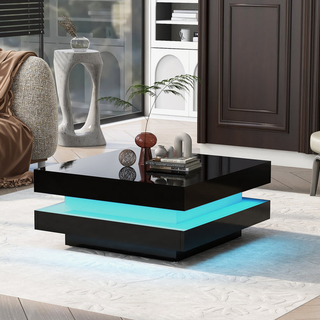 ON-TREND High Gloss Minimalist Design 2-Tier Square Coffee Table with LED Lights – Black
