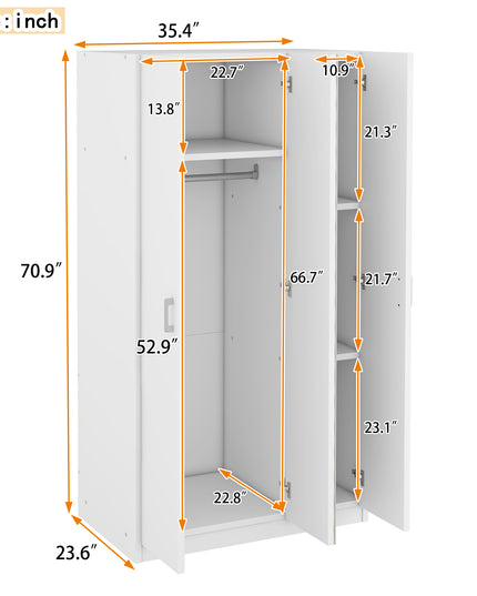 3 Door Wardrobe with Mirror, Armoire with Hanging Rod and 3 Fixed Shelves, White