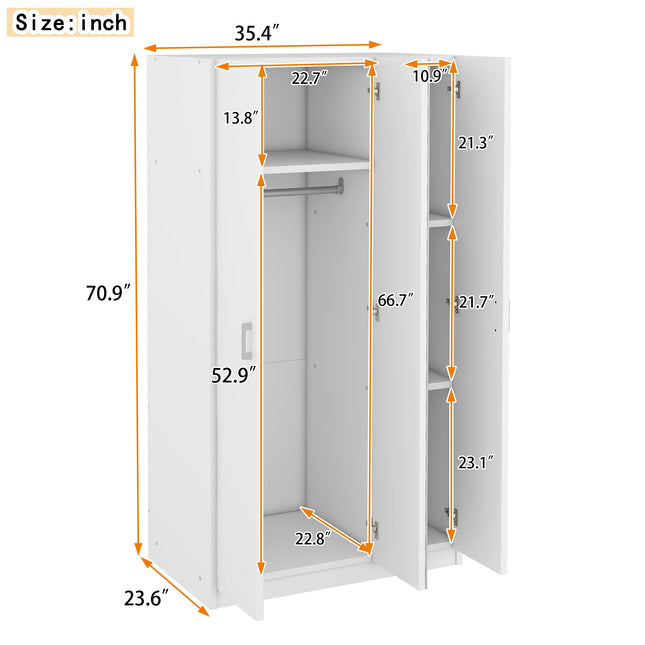 3 Door Wardrobe with Mirror, Armoire with Hanging Rod and 3 Fixed Shelves, White